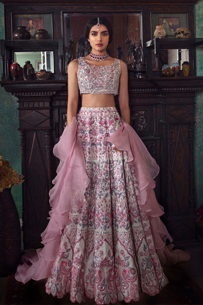 Aqua blue silk lehenga with a cape top embellished in zardosi and moti  embroidery work only Kalki | Fancy blouses, Pink pleated skirt, Green  lehenga